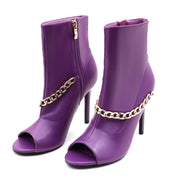 Lurnyet Women's Chain Detail Peep Toe 4 Inch High Heel Ankle Boot
