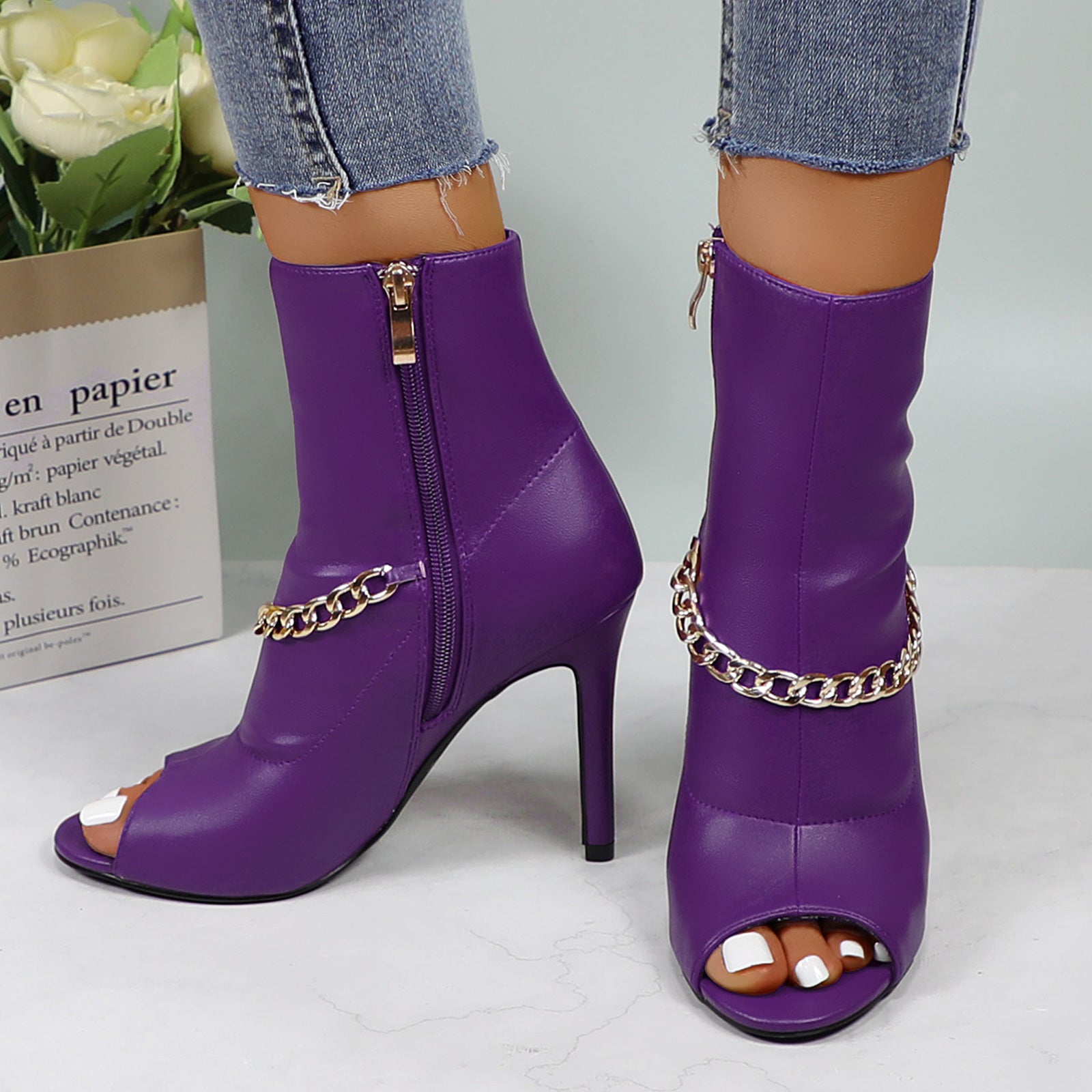 Lurnyet Women's Chain Detail Peep Toe 4 Inch High Heel Ankle Boot