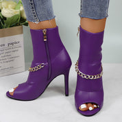 Lurnyet Women's Chain Detail Peep Toe 4 Inch High Heel Ankle Boot