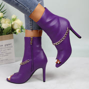 Lurnyet Women's Chain Detail Peep Toe 4 Inch High Heel Ankle Boot