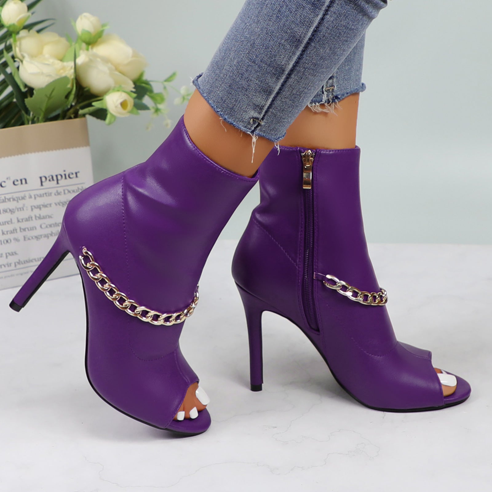 Lurnyet Women's Chain Detail Peep Toe 4 Inch High Heel Ankle Boot