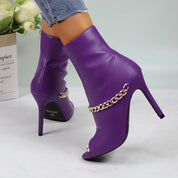 Lurnyet Women's Chain Detail Peep Toe 4 Inch High Heel Ankle Boot