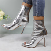 Lurnyet Women's Chain Detail Peep Toe 4 Inch High Heel Ankle Boot