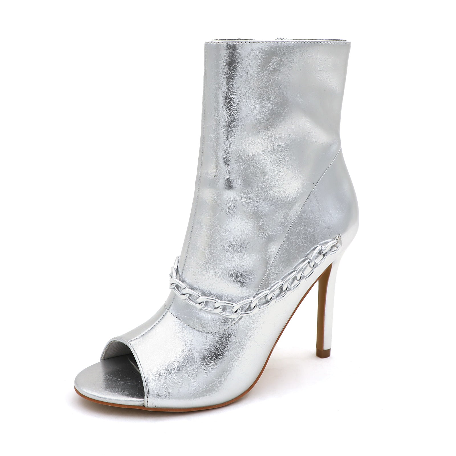 Lurnyet Women's Chain Detail Peep Toe 4 Inch High Heel Ankle Boot