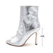 Lurnyet Women's Chain Detail Peep Toe 4 Inch High Heel Ankle Boot