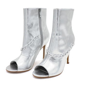 Lurnyet Women's Chain Detail Peep Toe 4 Inch High Heel Ankle Boot