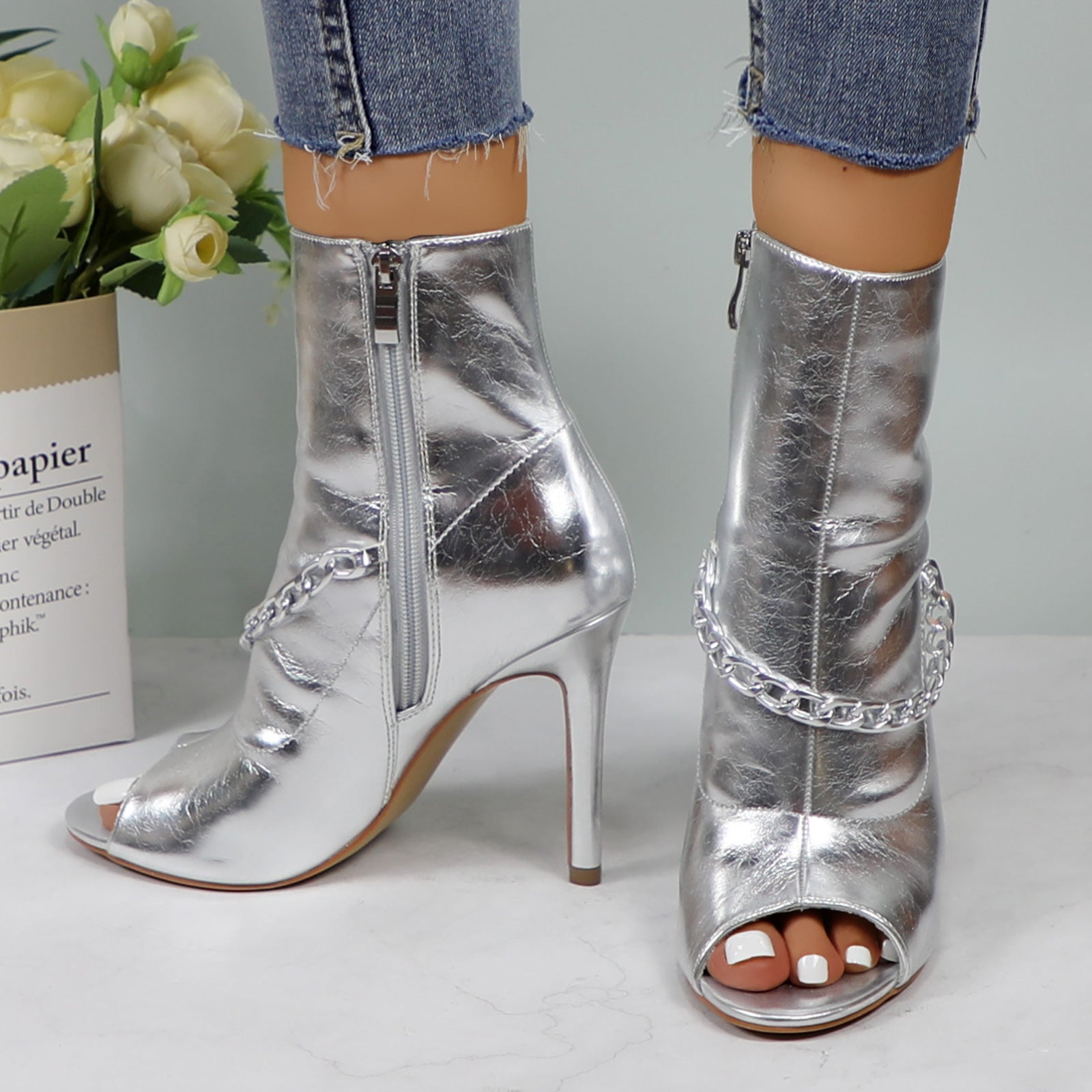 Lurnyet Women's Chain Detail Peep Toe 4 Inch High Heel Ankle Boot