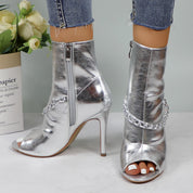 Lurnyet Women's Chain Detail Peep Toe 4 Inch High Heel Ankle Boot