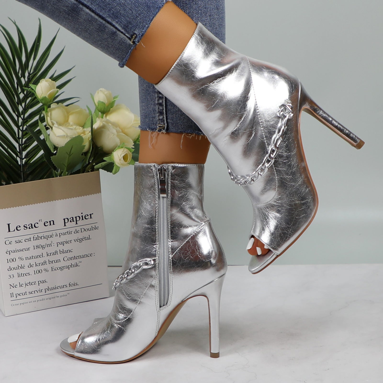 Lurnyet Women's Chain Detail Peep Toe 4 Inch High Heel Ankle Boot