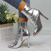 Lurnyet Women's Chain Detail Peep Toe 4 Inch High Heel Ankle Boot
