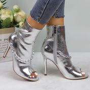 Lurnyet Women's Chain Detail Peep Toe 4 Inch High Heel Ankle Boot