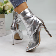 Lurnyet Women's Chain Detail Peep Toe 4 Inch High Heel Ankle Boot