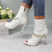 Lurnyet Women's Chain Detail Peep Toe 4 Inch High Heel Ankle Boot