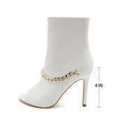 Lurnyet Women's Chain Detail Peep Toe 4 Inch High Heel Ankle Boot