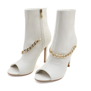 Lurnyet Women's Chain Detail Peep Toe 4 Inch High Heel Ankle Boot