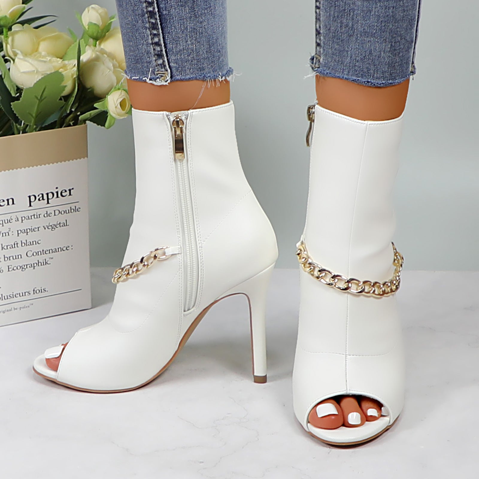 Lurnyet Women's Chain Detail Peep Toe 4 Inch High Heel Ankle Boot