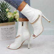 Lurnyet Women's Chain Detail Peep Toe 4 Inch High Heel Ankle Boot