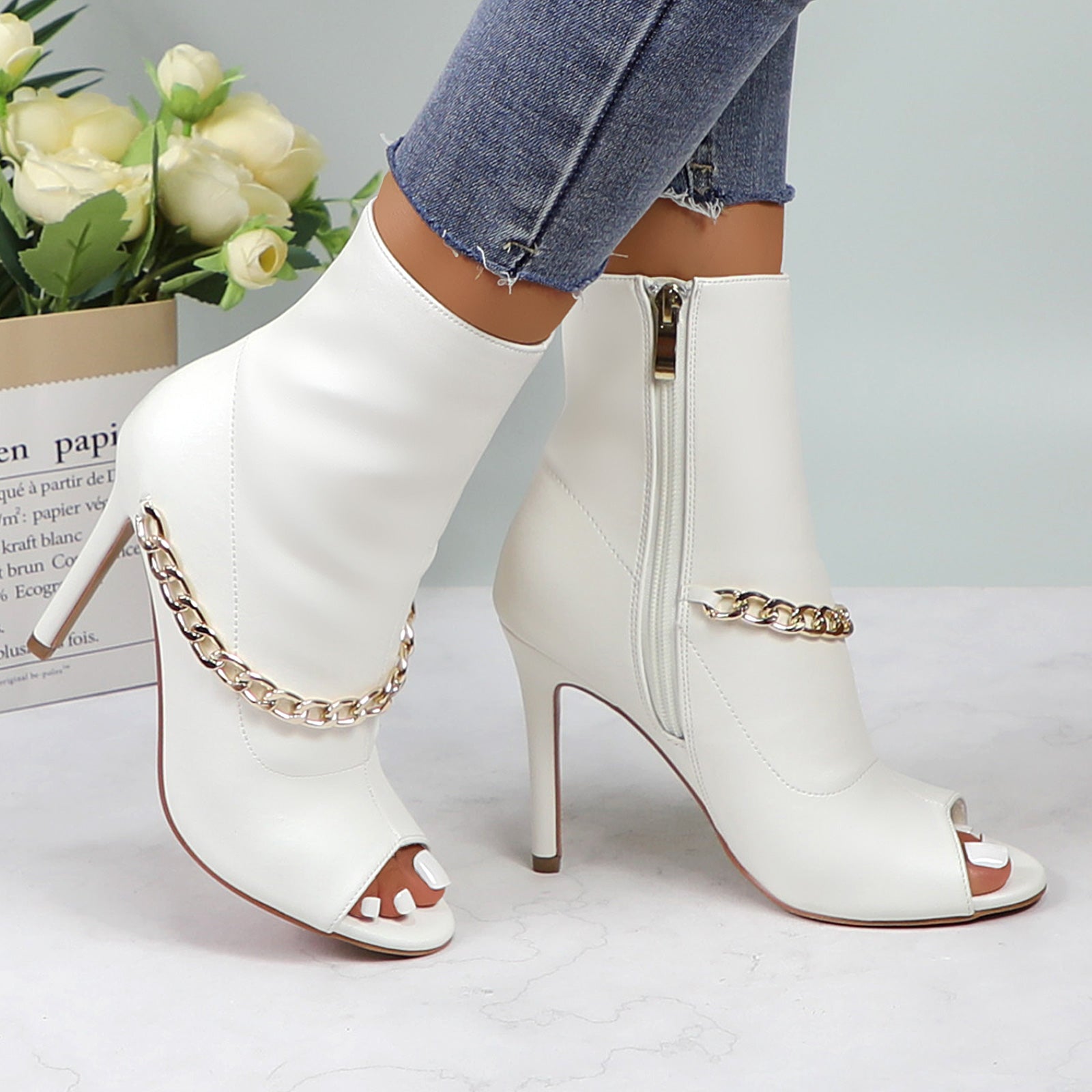 Lurnyet Women's Chain Detail Peep Toe 4 Inch High Heel Ankle Boot