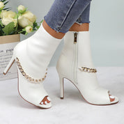 Lurnyet Women's Chain Detail Peep Toe 4 Inch High Heel Ankle Boot