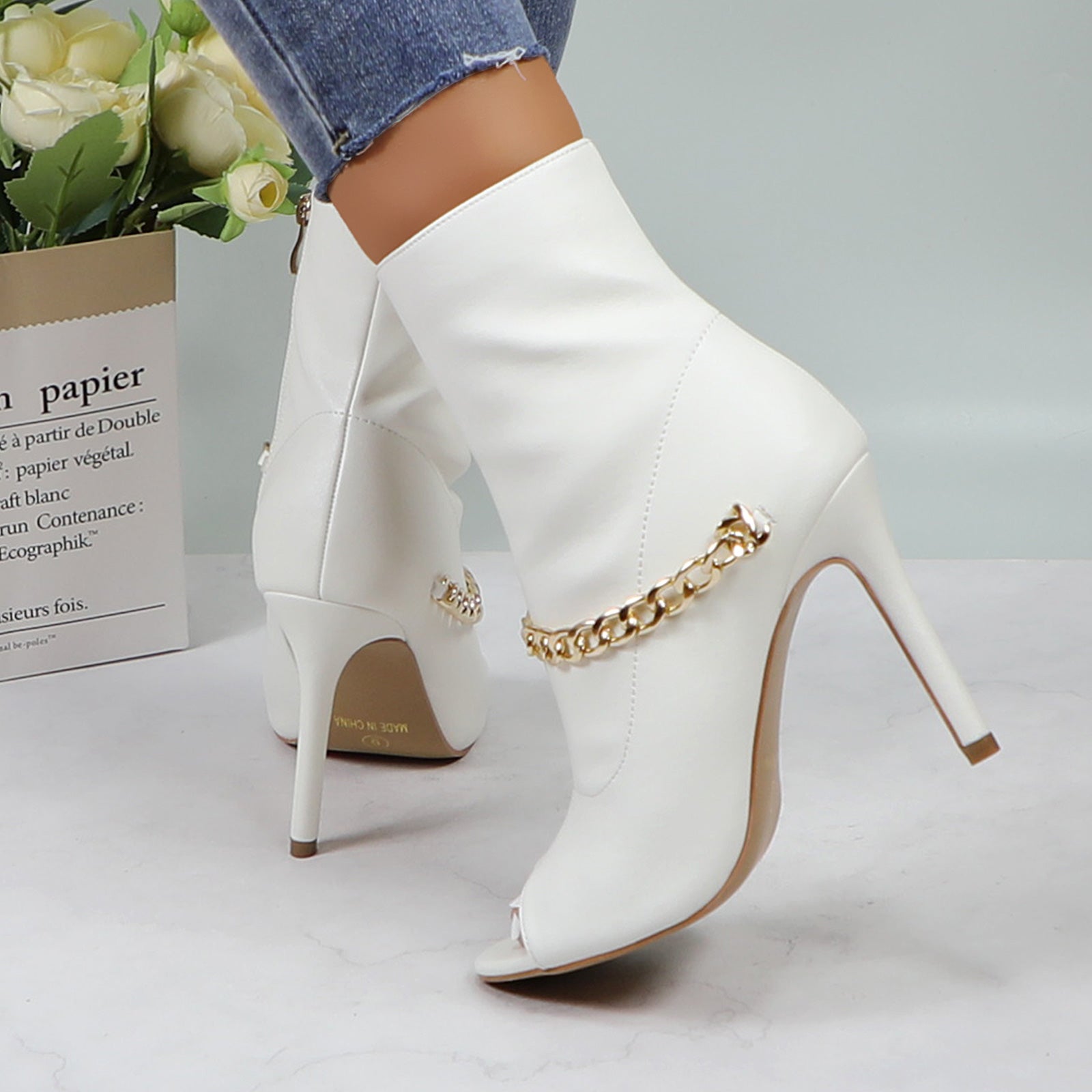 Lurnyet Women's Chain Detail Peep Toe 4 Inch High Heel Ankle Boot