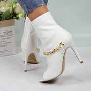 Lurnyet Women's Chain Detail Peep Toe 4 Inch High Heel Ankle Boot