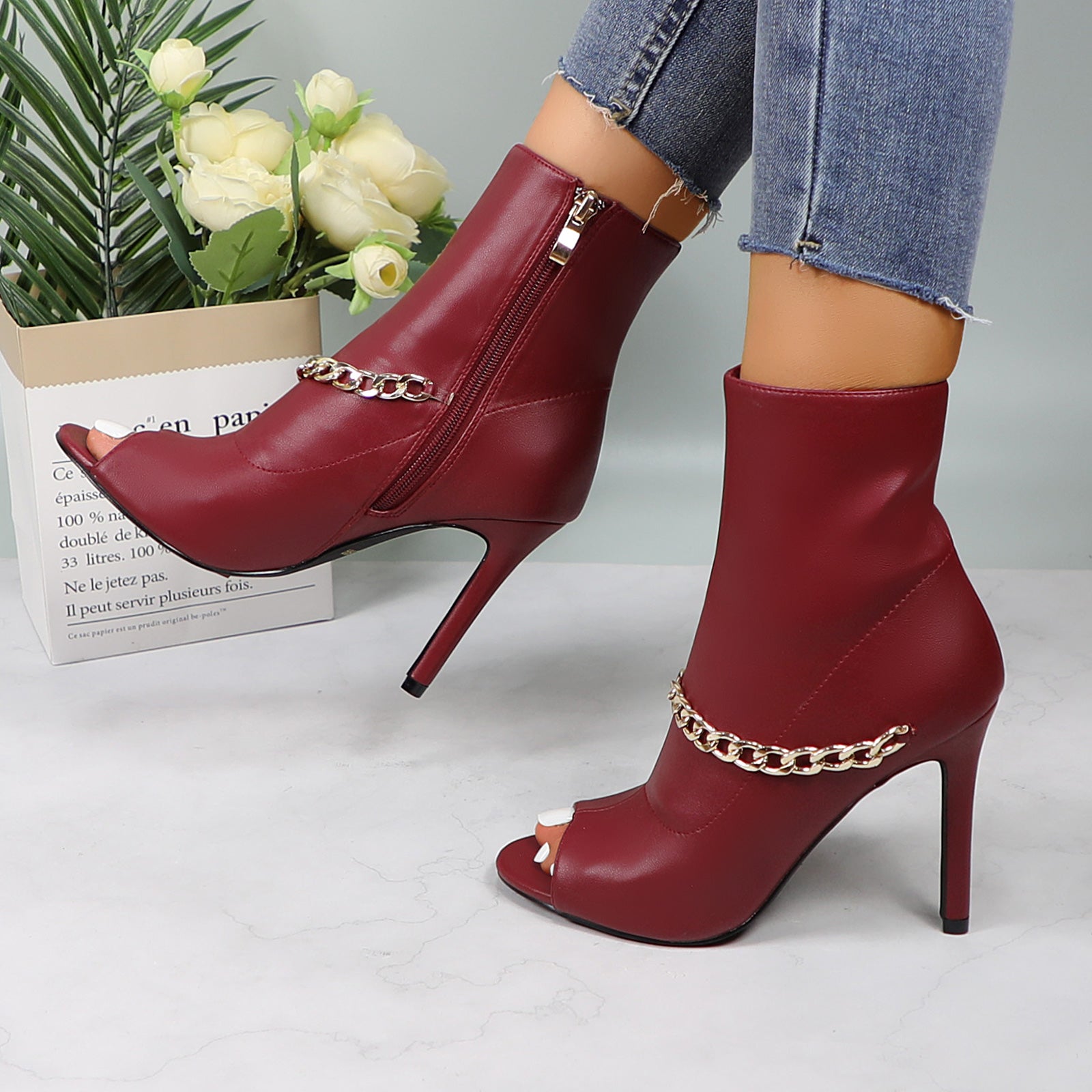 Lurnyet Women's Chain Detail Peep Toe 4 Inch High Heel Ankle Boot