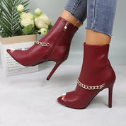 Lurnyet Women's Chain Detail Peep Toe 4 Inch High Heel Ankle Boot