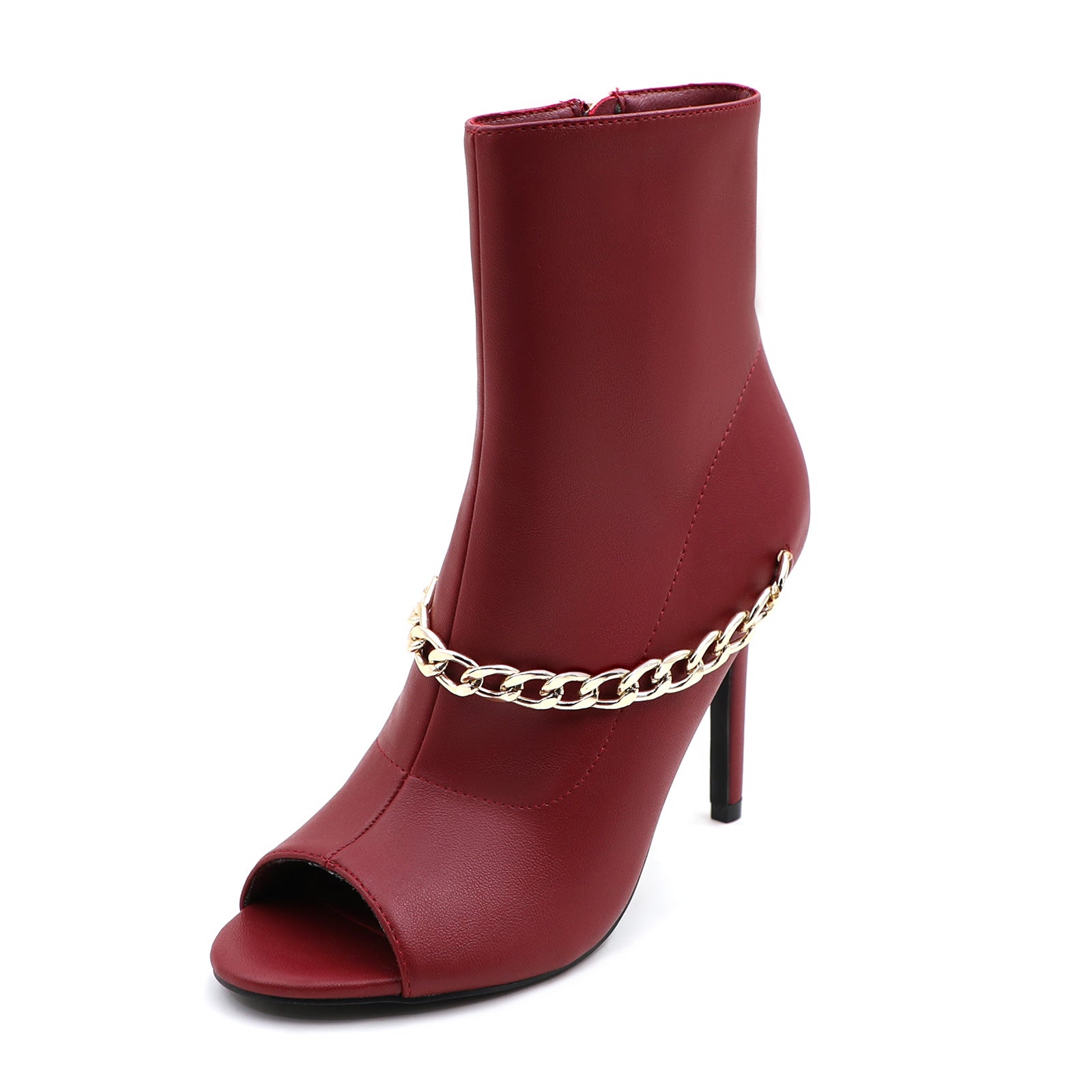 Lurnyet Women's Chain Detail Peep Toe 4 Inch High Heel Ankle Boot