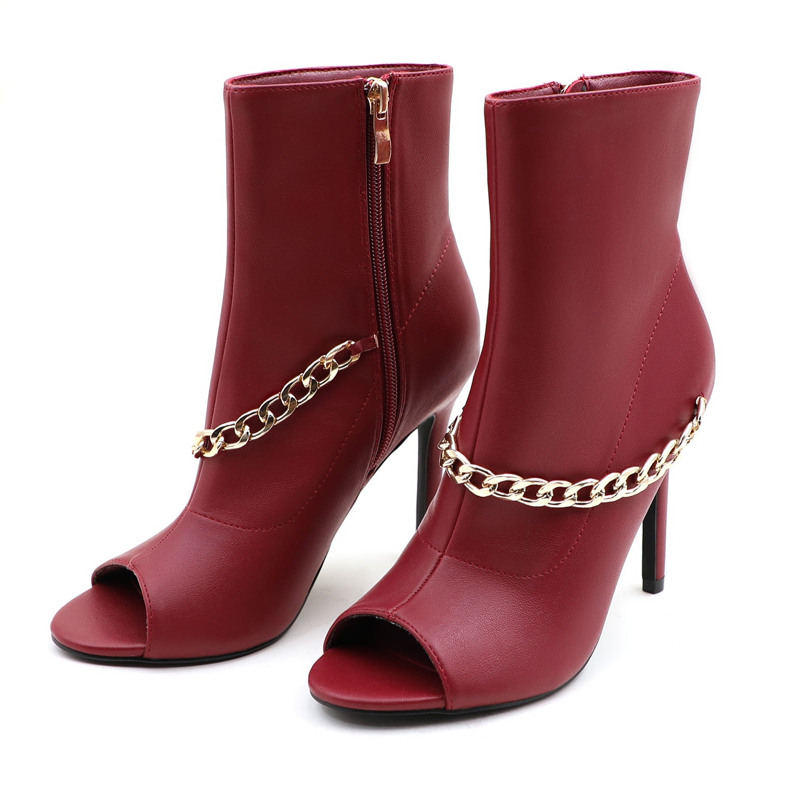 Lurnyet Women's Chain Detail Peep Toe 4 Inch High Heel Ankle Boot