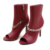 Lurnyet Women's Chain Detail Peep Toe 4 Inch High Heel Ankle Boot
