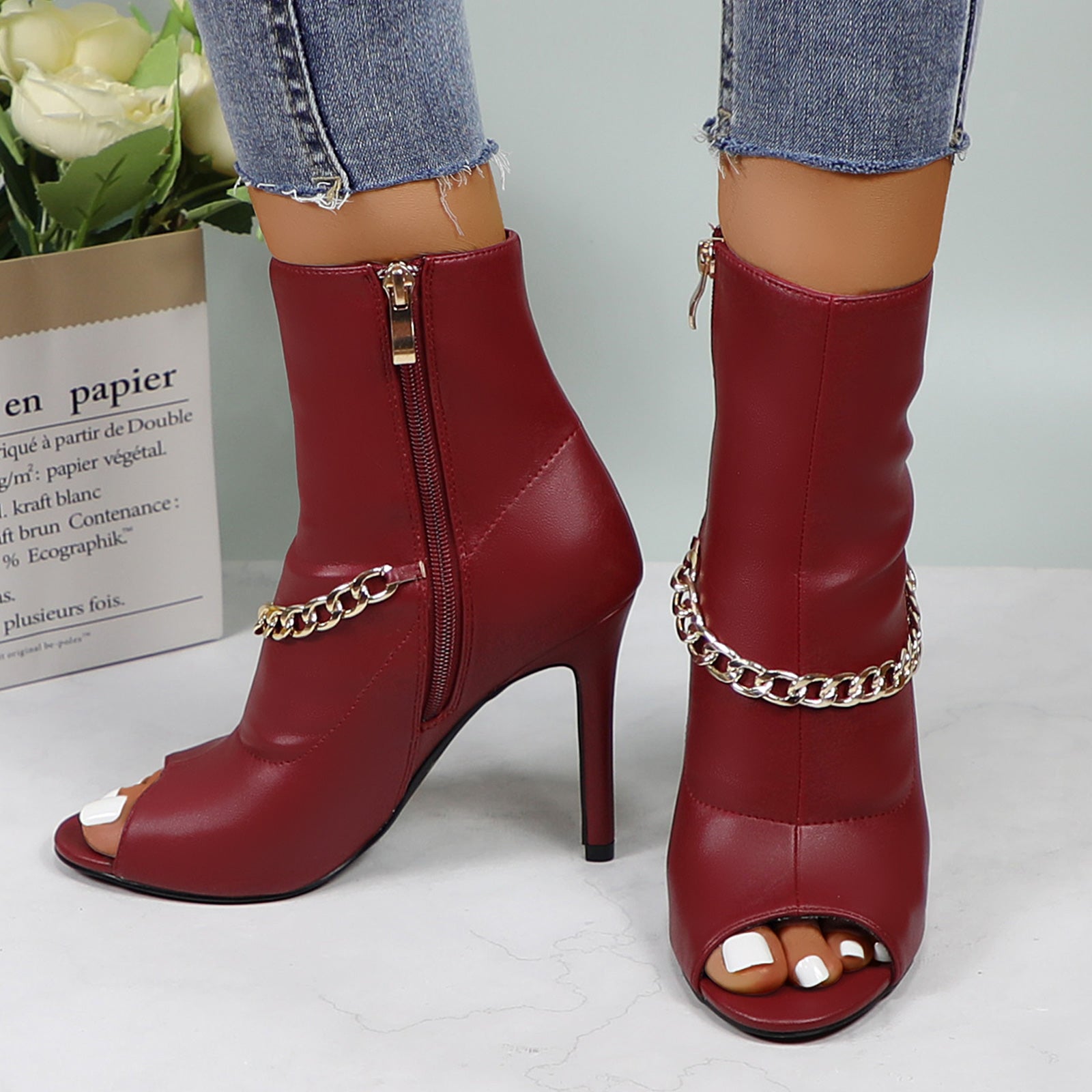 Lurnyet Women's Chain Detail Peep Toe 4 Inch High Heel Ankle Boot