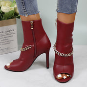 Lurnyet Women's Chain Detail Peep Toe 4 Inch High Heel Ankle Boot