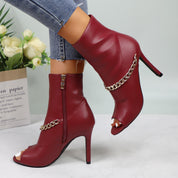 Lurnyet Women's Chain Detail Peep Toe 4 Inch High Heel Ankle Boot