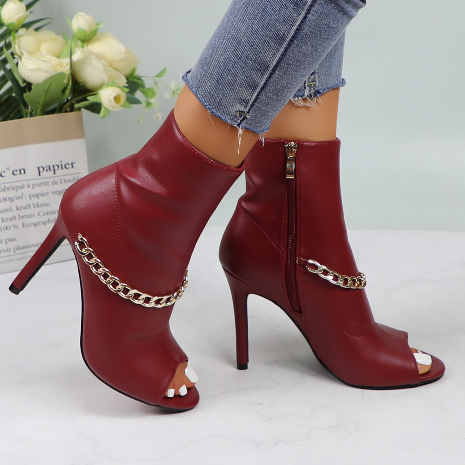 Lurnyet Women's Chain Detail Peep Toe 4 Inch High Heel Ankle Boot