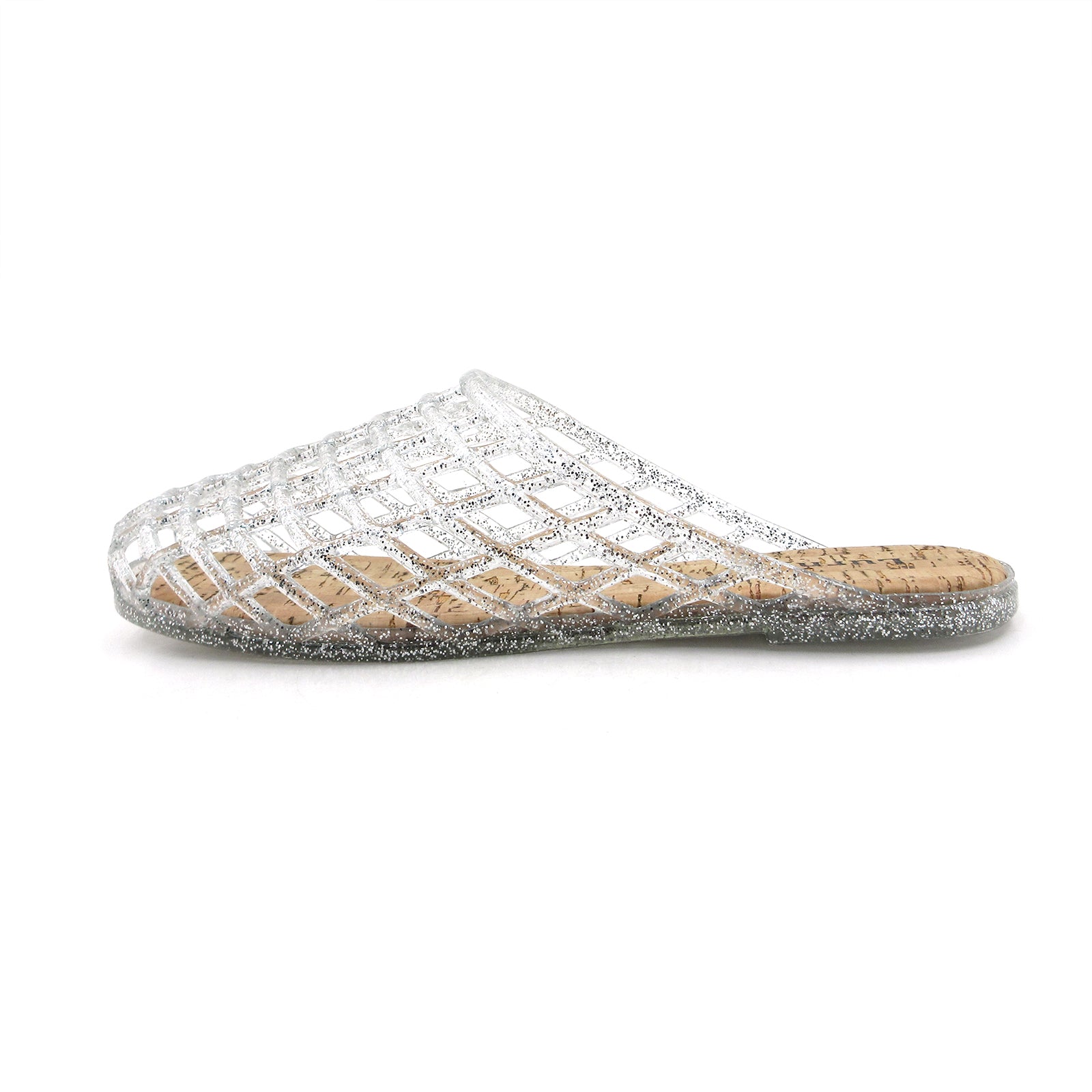 Lurnyet Womens Glitter Jelly Comfort Cushion Slide Flat Sandal with Cork Footbed