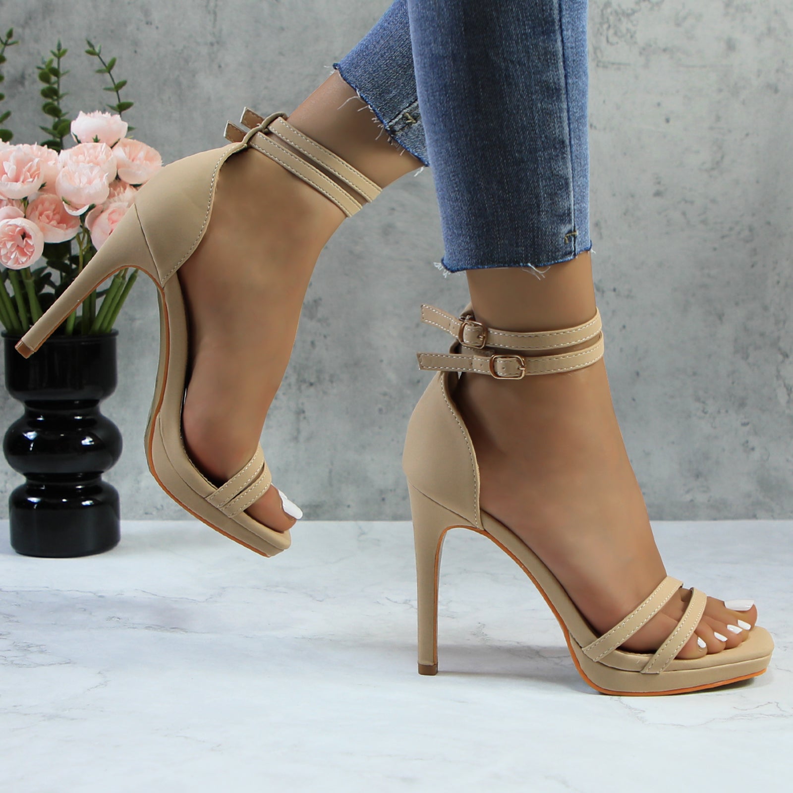 Women Double Ankle Strap High Heel Sandals Stiletto Platform Dress Shoes