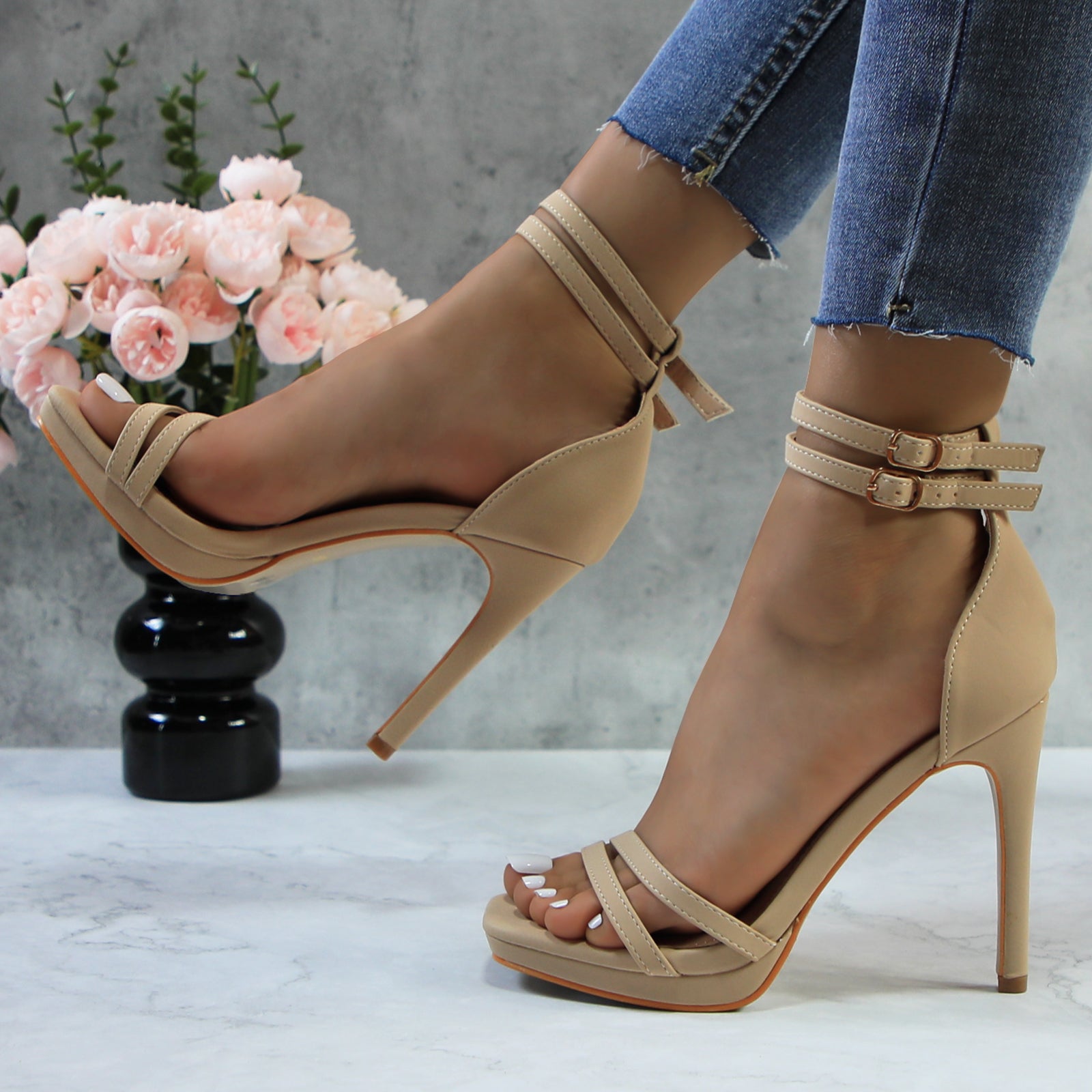 Women Double Ankle Strap High Heel Sandals Stiletto Platform Dress Shoes