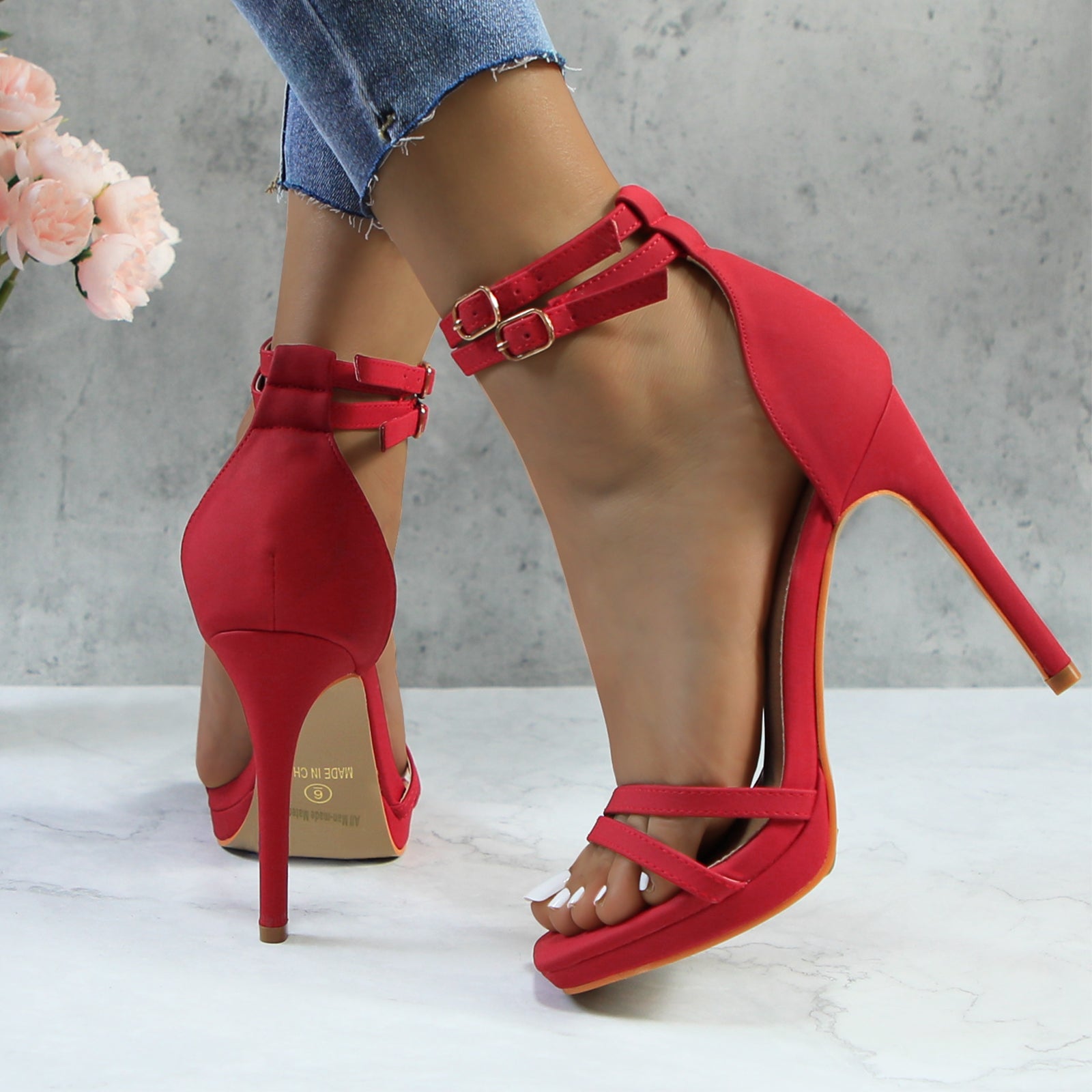 Women Double Ankle Strap High Heel Sandals Stiletto Platform Dress Shoes