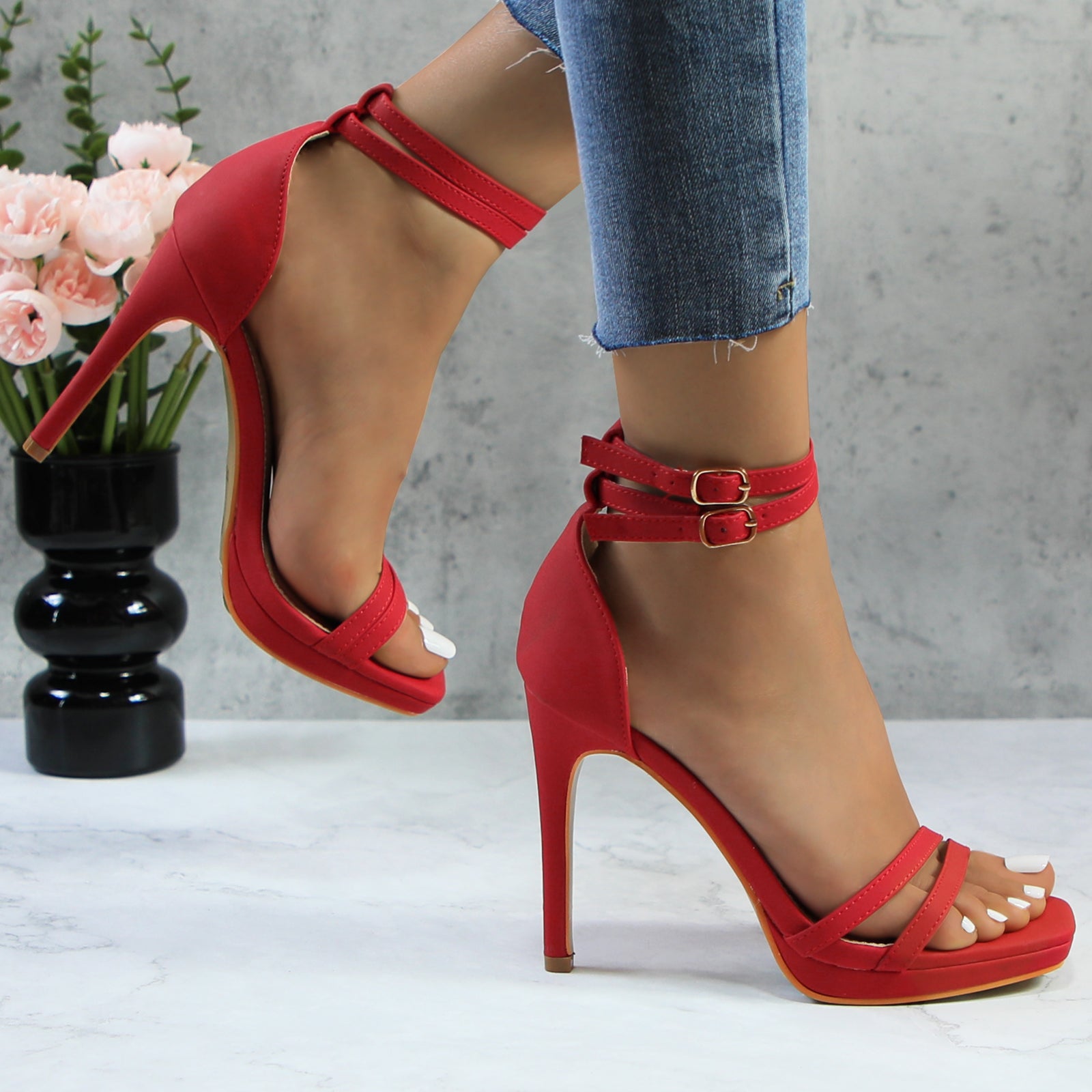 Women Double Ankle Strap High Heel Sandals Stiletto Platform Dress Shoes