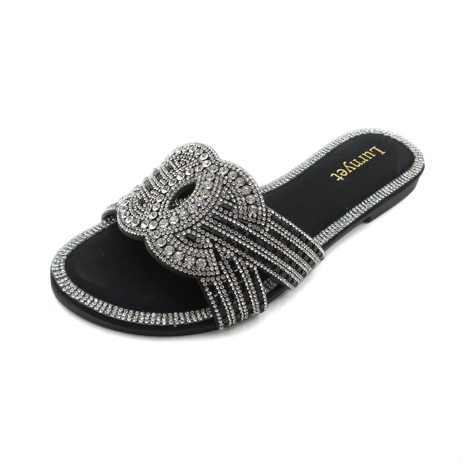 Lurnyet Women's Cushion Crystal Rhinestone Slide Flat Slip-On Sandals
