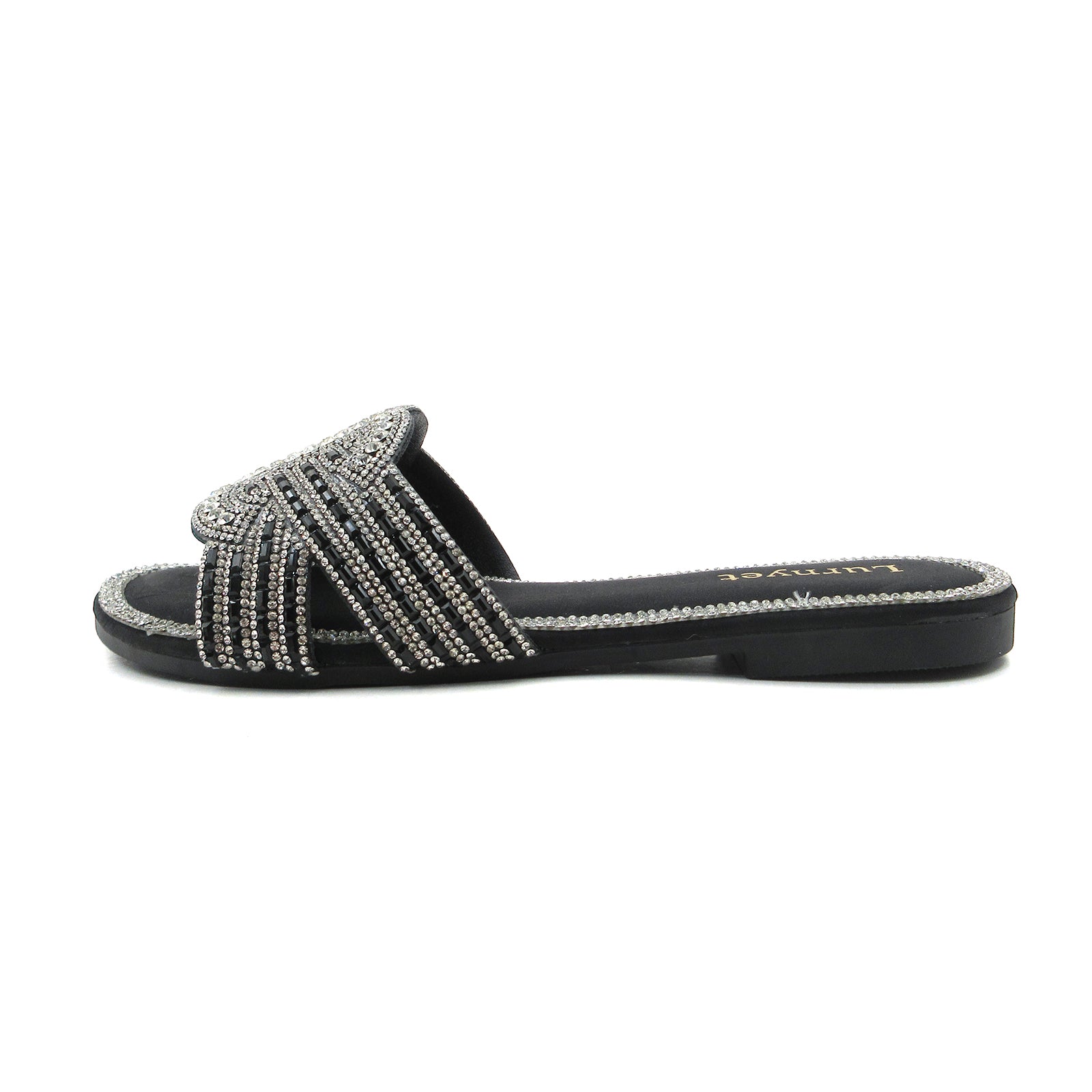 Lurnyet Women's Cushion Crystal Rhinestone Slide Flat Slip-On Sandals