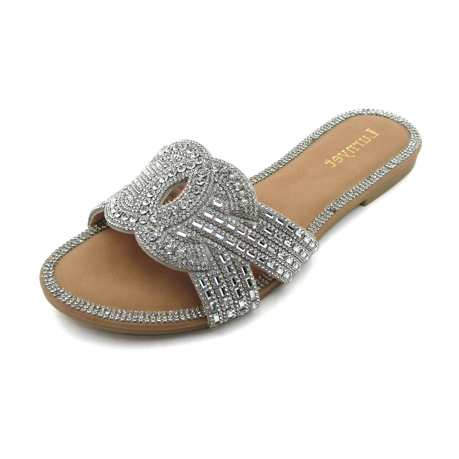 Lurnyet Women's Cushion Crystal Rhinestone Slide Flat Slip-On Sandals