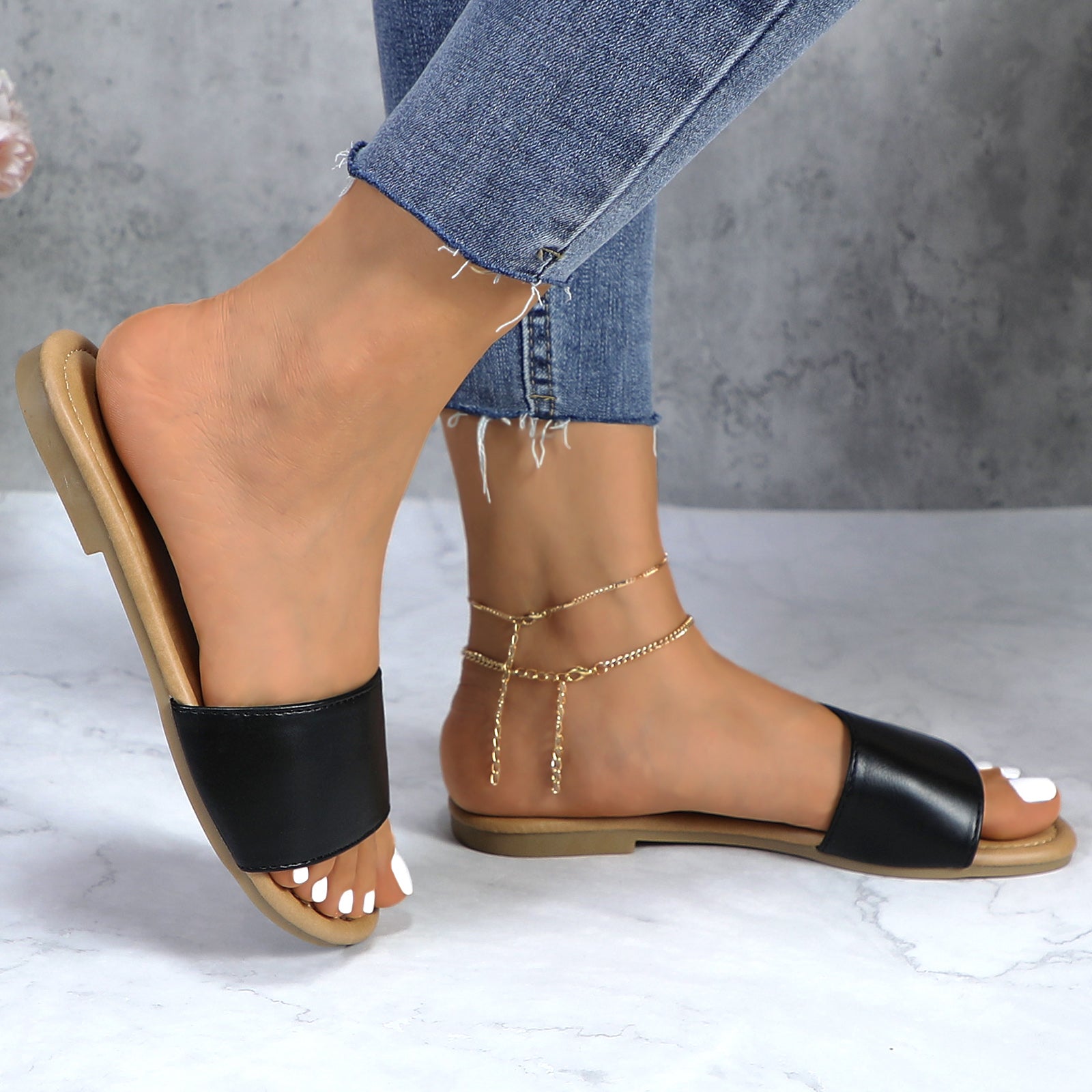 Lurnyet Women Classic Slide Sandals Faux Leather Tan Footbed Casual Flat Slip-On