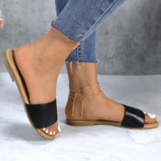 Lurnyet Women Classic Slide Sandals Faux Leather Tan Footbed Casual Flat Slip-On