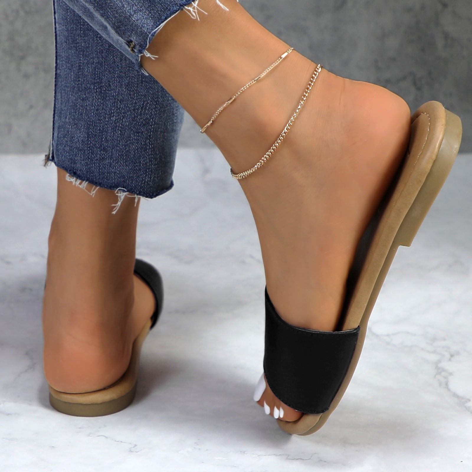 Lurnyet Women Classic Slide Sandals Faux Leather Tan Footbed Casual Flat Slip-On