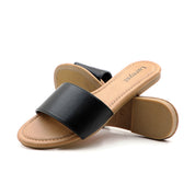Lurnyet Women Classic Slide Sandals Faux Leather Tan Footbed Casual Flat Slip-On