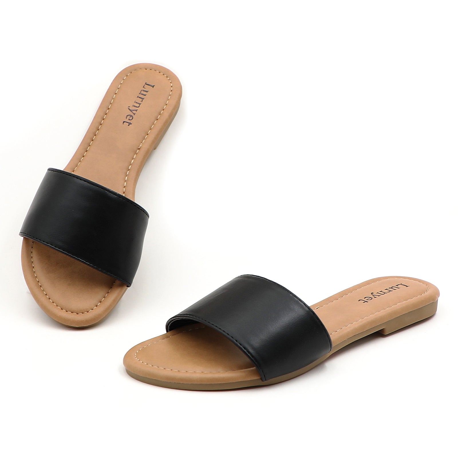 Lurnyet Women Classic Slide Sandals Faux Leather Tan Footbed Casual Flat Slip-On