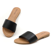 Lurnyet Women Classic Slide Sandals Faux Leather Tan Footbed Casual Flat Slip-On