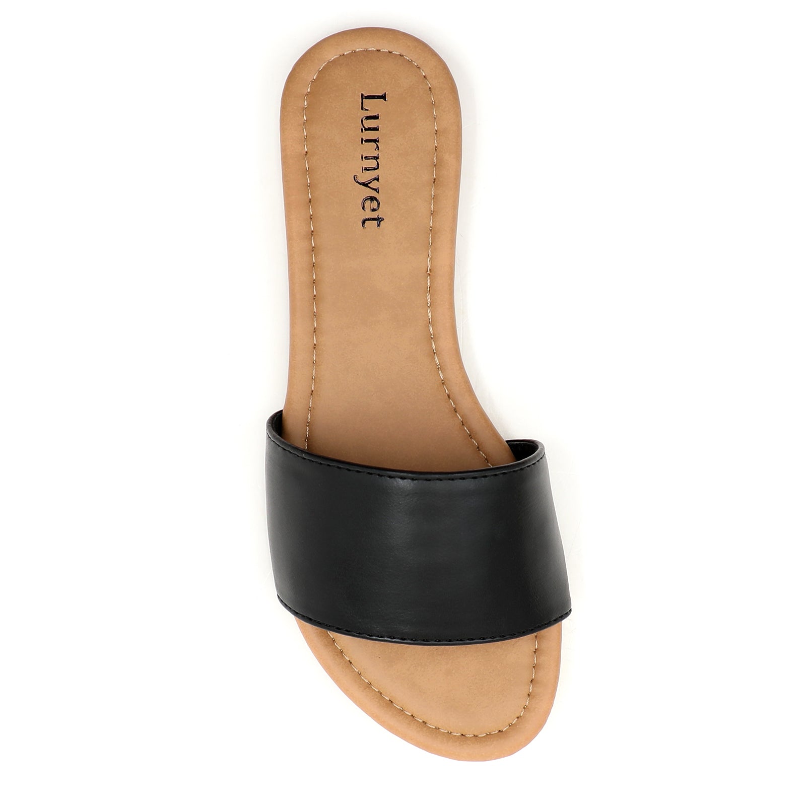 Lurnyet Women Classic Slide Sandals Faux Leather Tan Footbed Casual Flat Slip-On