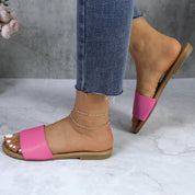 Lurnyet Women Classic Slide Sandals Faux Leather Tan Footbed Casual Flat Slip-On